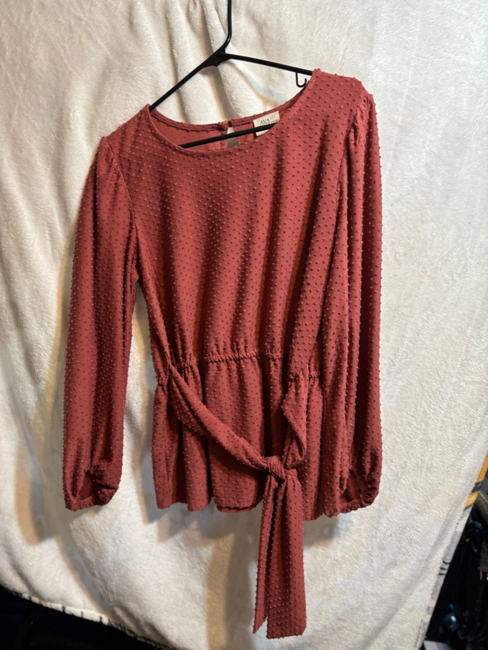 Ava & Viv Brick Red Textured Tie-Waist Long Sleeve Blouse
